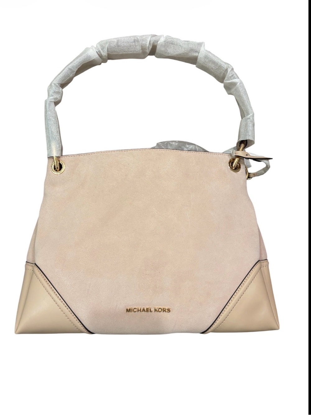 Michael Kors Blush Suede & Leather Shoulder Bag with Gold Hardware